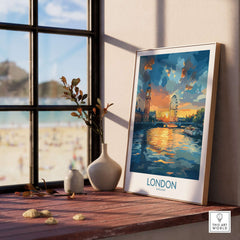 London England Print | River Thames Wall Art Poster featuring vibrant sunset reflections on the Thames with iconic London landmarks.