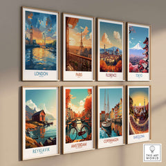 London England Print | River Thames Wall Art Poster featuring vibrant city landmarks and reflections.