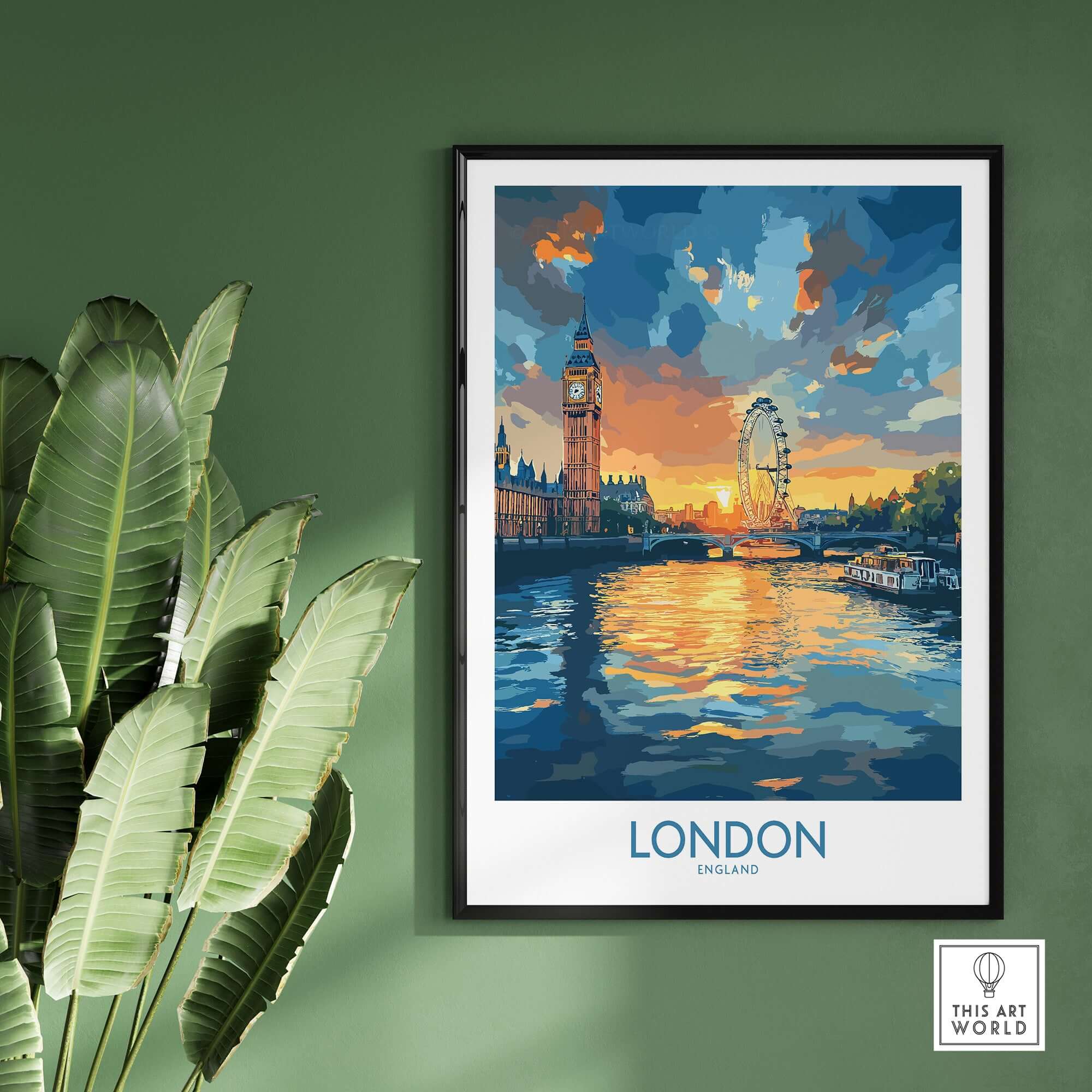 London England Print | River Thames Wall Art Poster featuring Big Ben and London Eye reflecting on the River Thames.