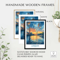 London England Print | River Thames Wall Art Poster displayed in handmade wooden frames in natural, white, and black.