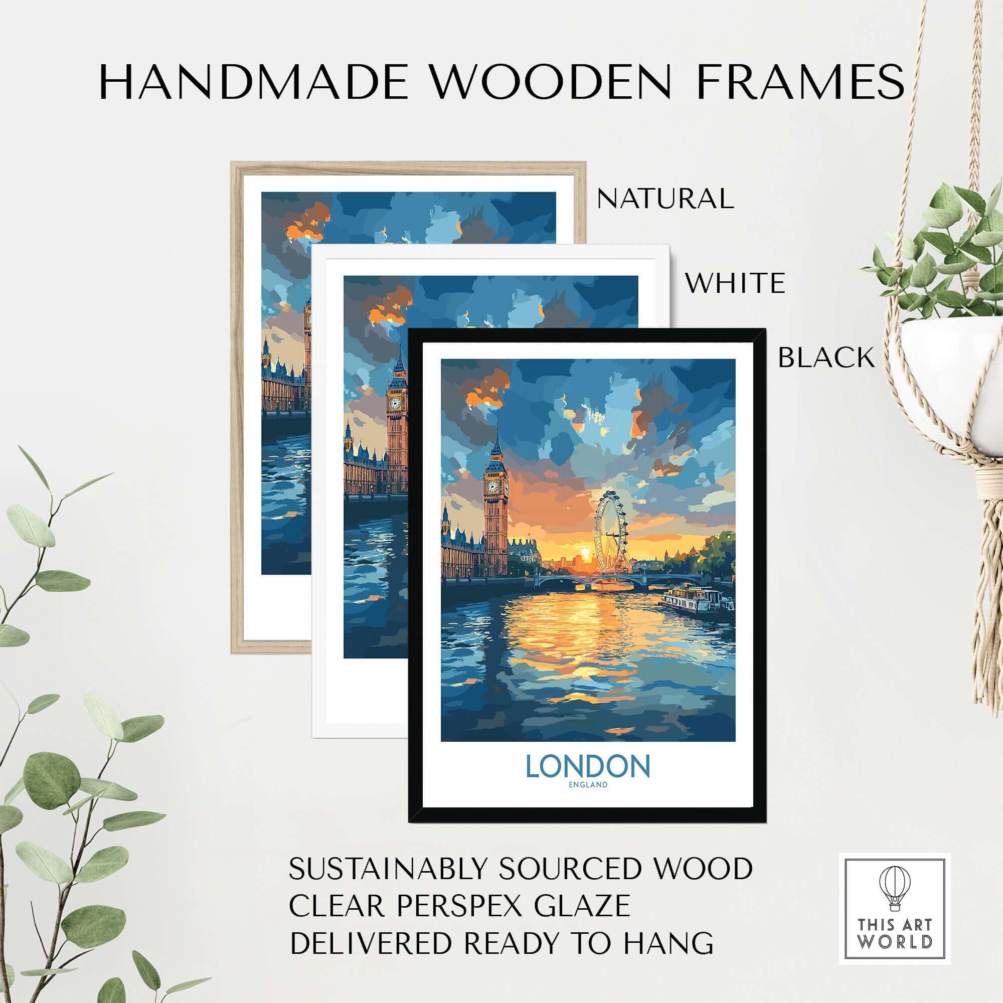 London England Print | River Thames Wall Art Poster displayed in handmade wooden frames in natural, white, and black.