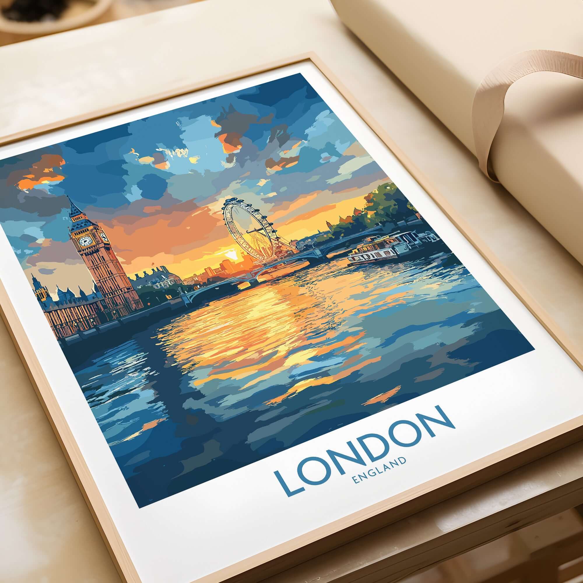 London England Print | River Thames Wall Art Poster featuring Big Ben and the London Eye at sunset.