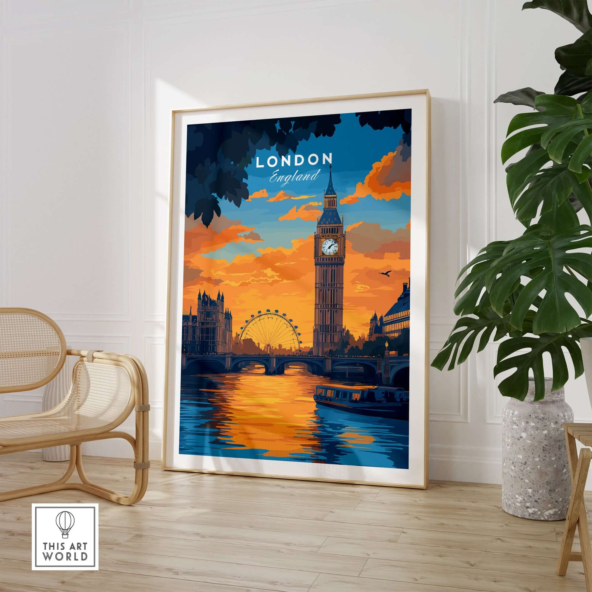 London Eye & Big Ben Poster | Thames River Skyline Art showcasing a vibrant sunset view over London.