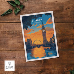 London Eye & Big Ben Poster | Thames River Skyline Art capturing a stunning sunset over London's skyline.