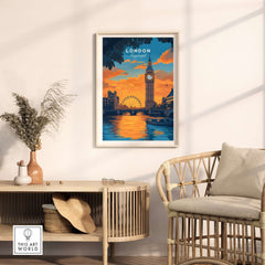 London Eye & Big Ben Poster | Thames River Skyline Art showcasing a vibrant sunset over the Thames in a stylish room.