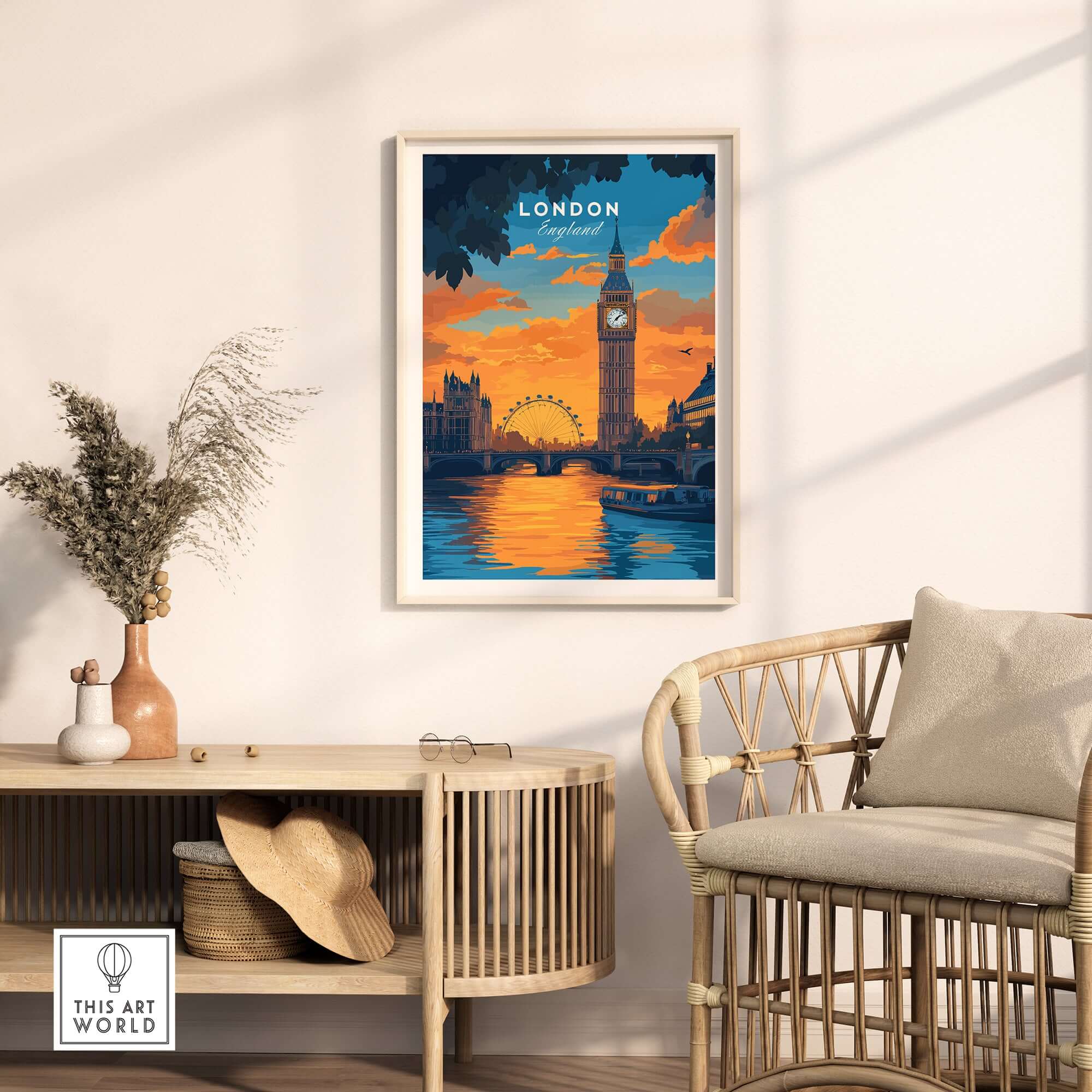 London Eye & Big Ben Poster | Thames River Skyline Art showcasing a vibrant sunset over the Thames in a stylish room.