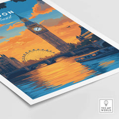 London Eye & Big Ben Poster | Thames River Skyline Art featuring vibrant sunset colors and tranquil waters.