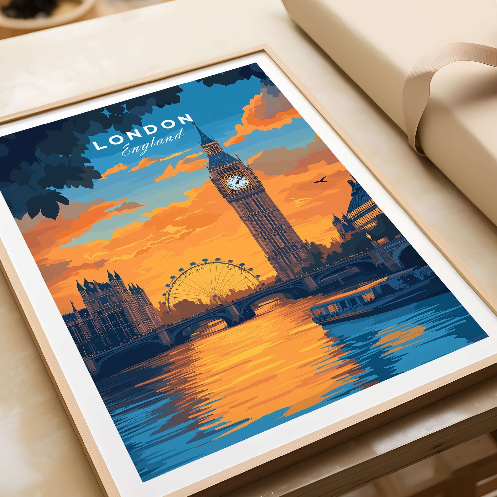 London Eye & Big Ben Poster | Thames River Skyline Art featuring vibrant sunset colors over the Thames.