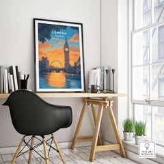 London Eye & Big Ben Poster | Thames River Skyline Art showcased in a modern interior with sunset backdrop.