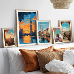 London Eye & Big Ben Poster | Thames River Skyline Art displayed among other city posters in a cozy setting.