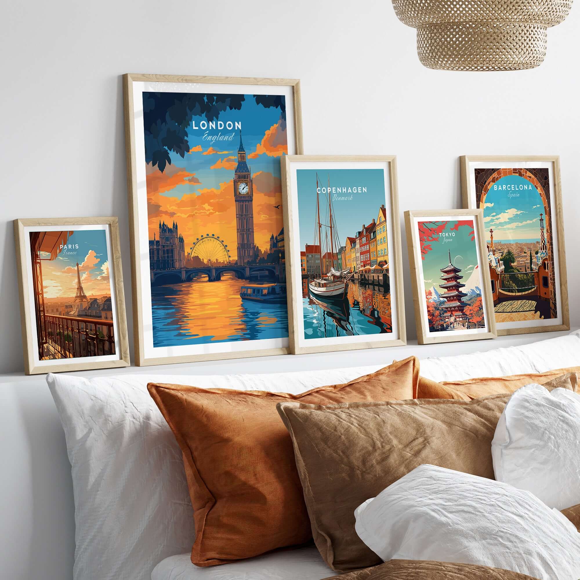 London Eye & Big Ben Poster | Thames River Skyline Art displayed among other city posters in a cozy setting.