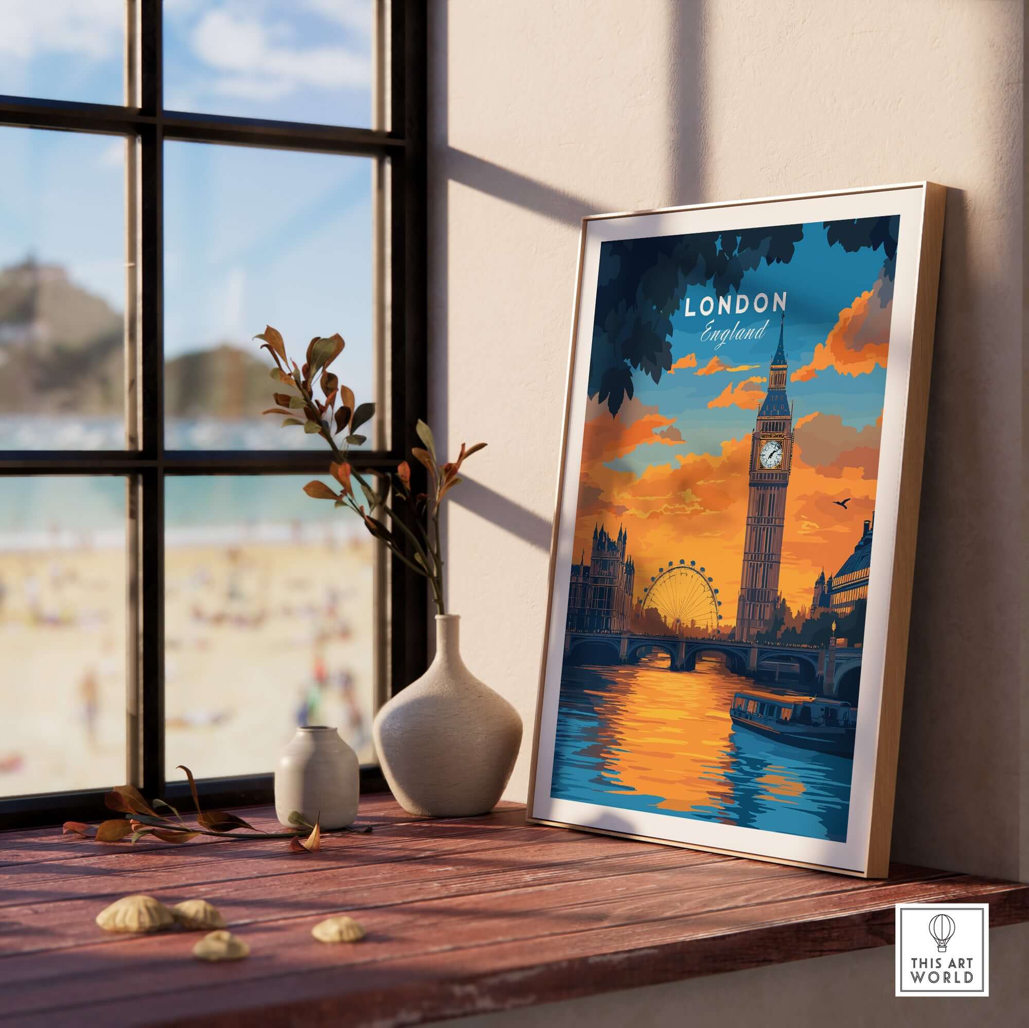 London Eye & Big Ben Poster | Thames River Skyline Art displayed in a cozy room with natural light.