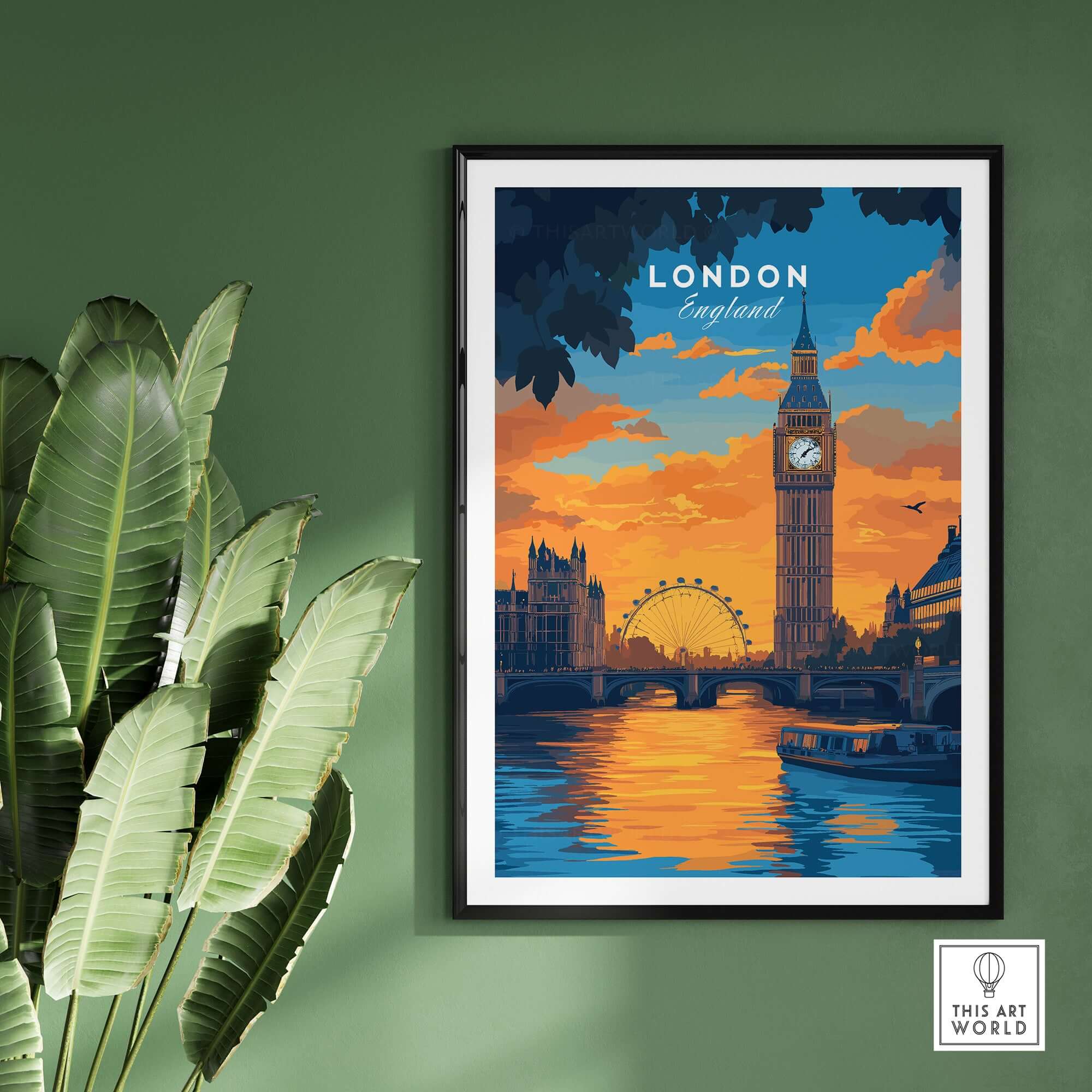 London Eye & Big Ben Poster | Thames River Skyline Art featuring a vibrant sunset over iconic landmarks.