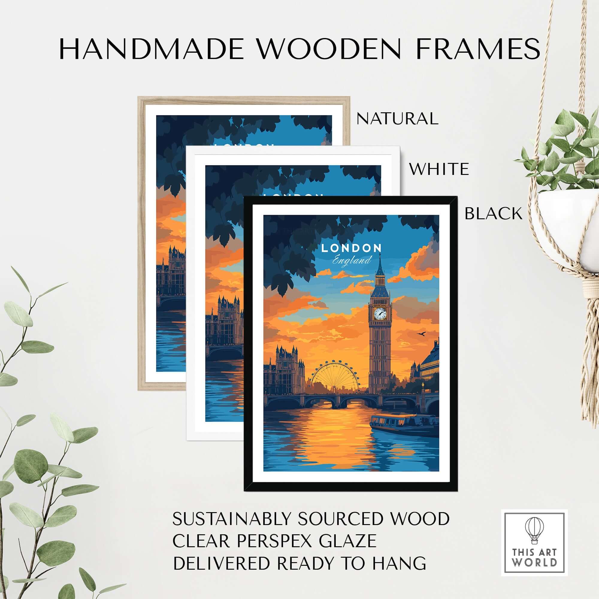London Eye & Big Ben Poster | Thames River Skyline Art with handmade wooden frames in natural, white, and black.