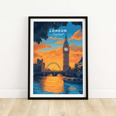 London Eye & Big Ben Poster | Thames River Skyline Art featuring a vibrant sunset view of London.