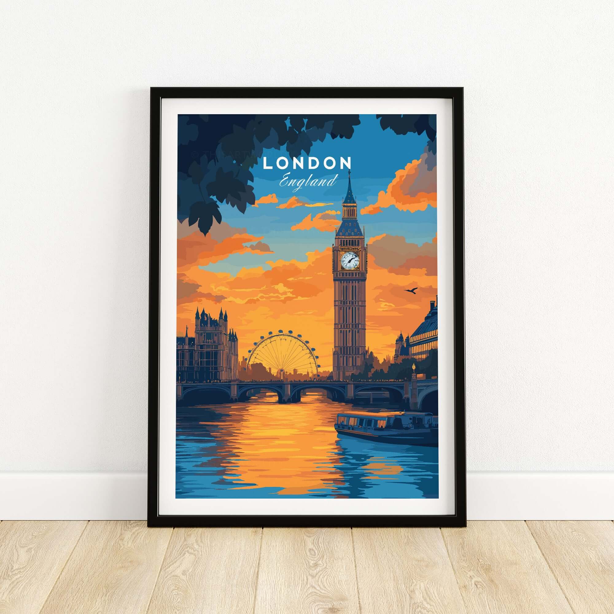 London Eye & Big Ben Poster | Thames River Skyline Art featuring a vibrant sunset view of London.