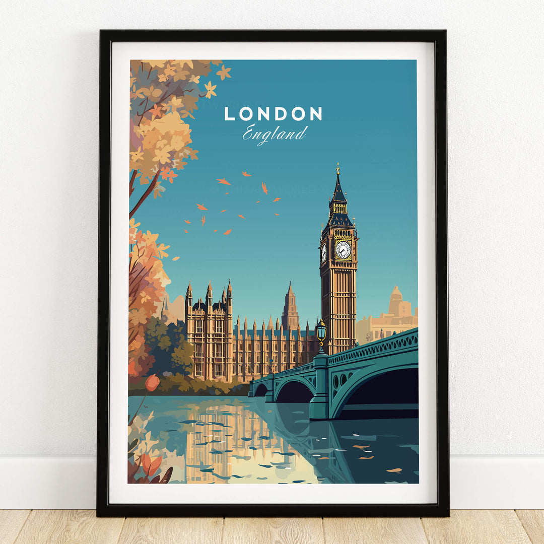 London Wall Art Print showcasing Big Ben and the Houses of Parliament with a vibrant color palette.