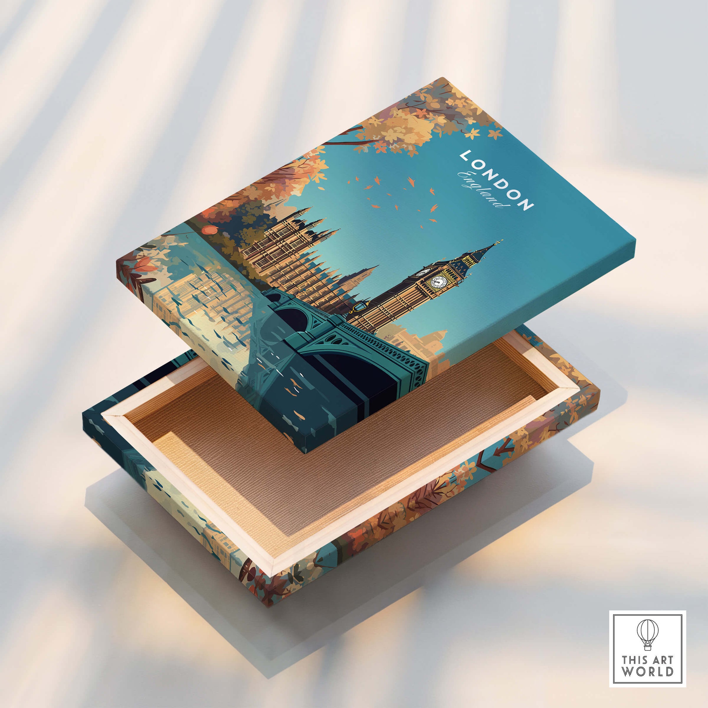 London Wall Art Print featuring Big Ben and the Houses of Parliament on a decorative box.