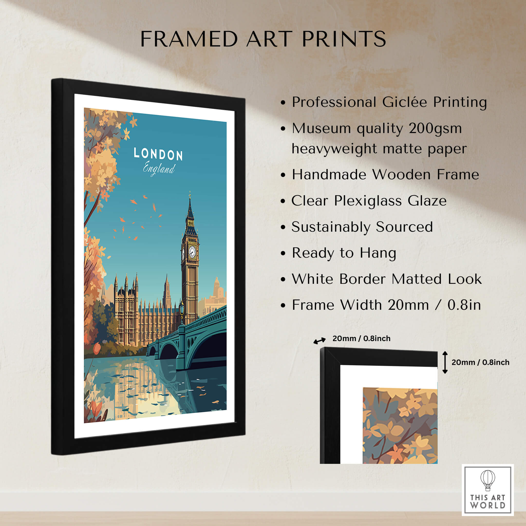 London Wall Art Print featuring Big Ben and the Houses of Parliament in a framed design.