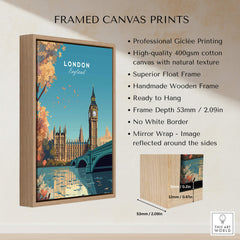 London Wall Art Print featuring Big Ben and the Houses of Parliament in a framed canvas design