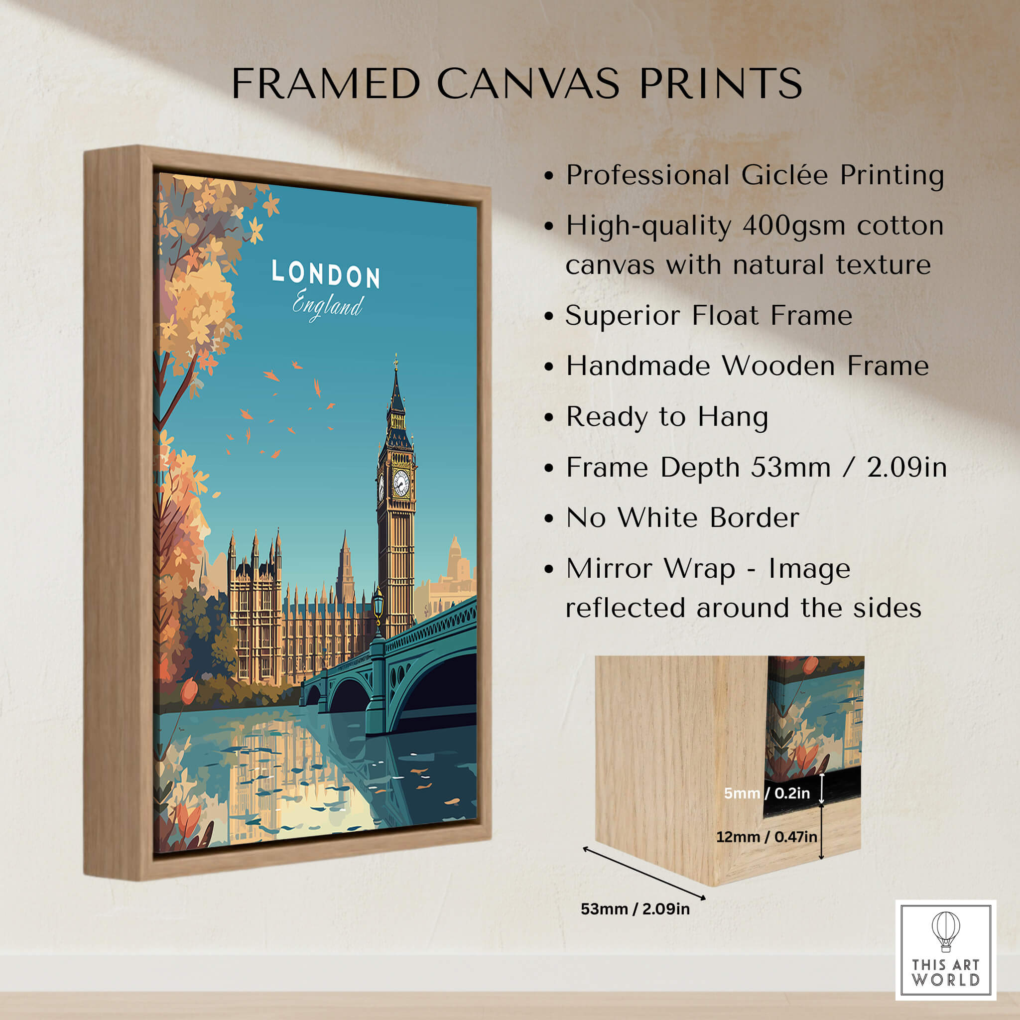 London Wall Art Print featuring Big Ben and the Houses of Parliament in a framed canvas design