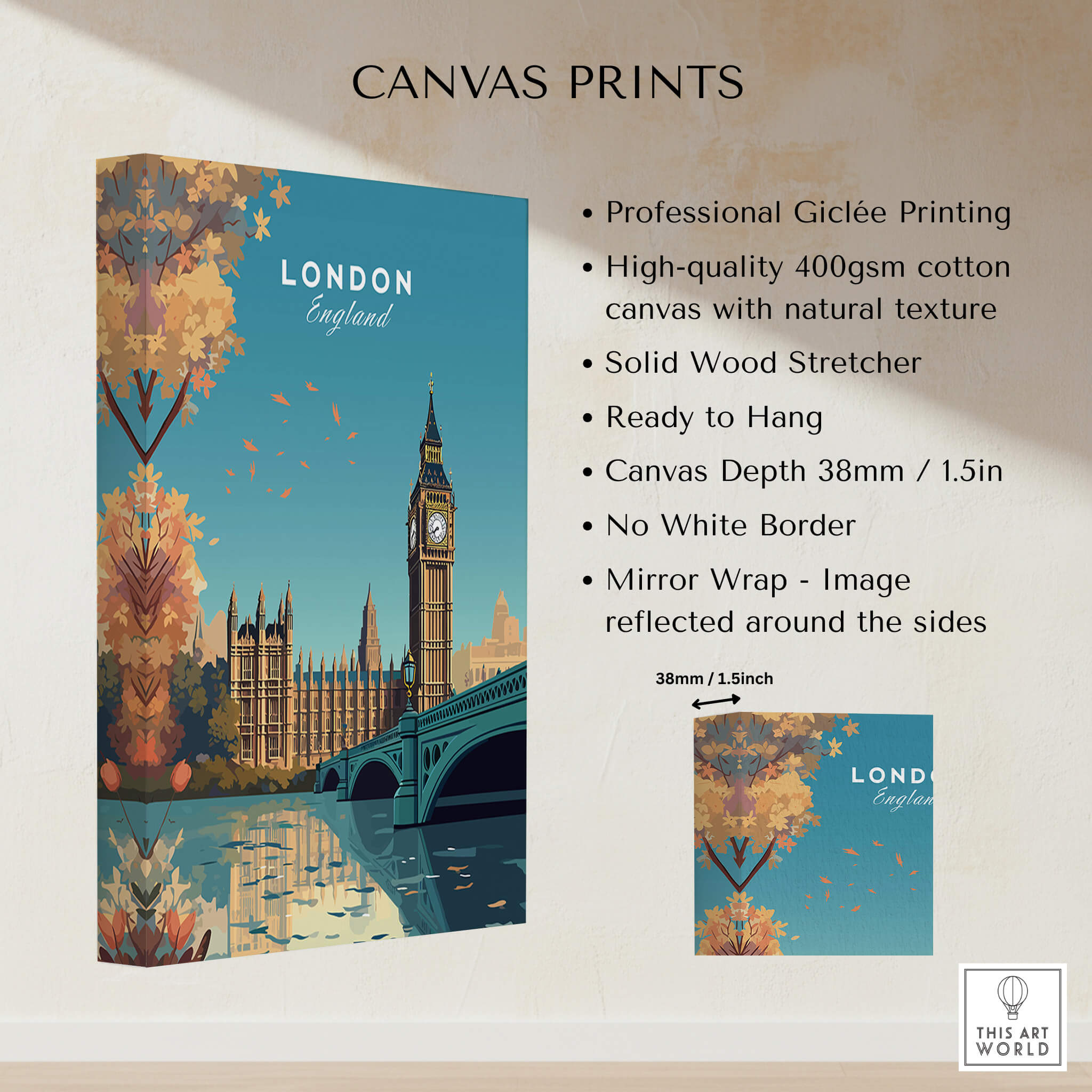 London Wall Art Print featuring Big Ben and the Houses of Parliament on high-quality canvas.