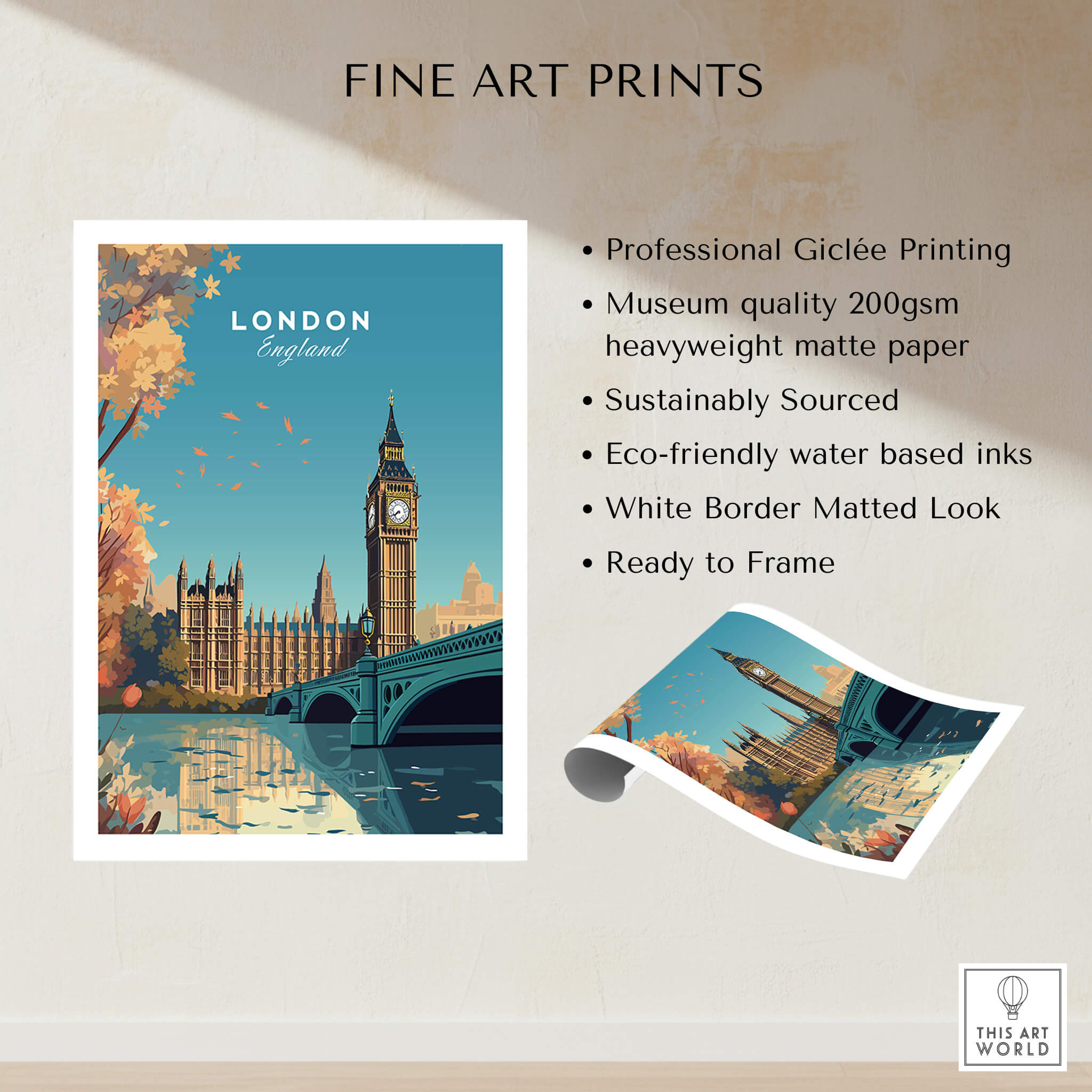 London Wall Art Print featuring Big Ben and the Houses of Parliament in vibrant colors.