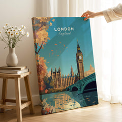 London Wall Art Print featuring Big Ben and Houses of Parliament, bright colors and autumn leaves decor.