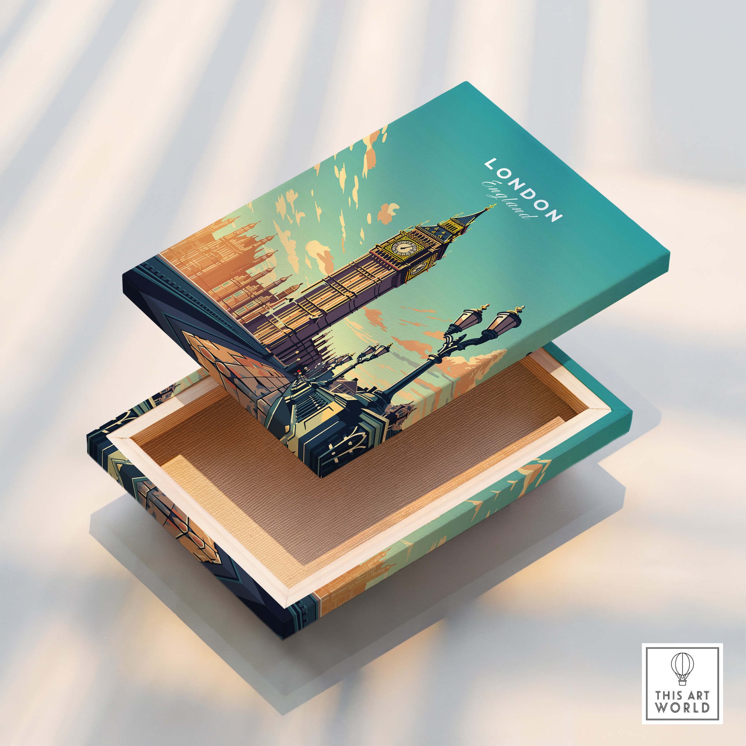 London Poster Big Ben design on an open box featuring the iconic Big Ben landmark.