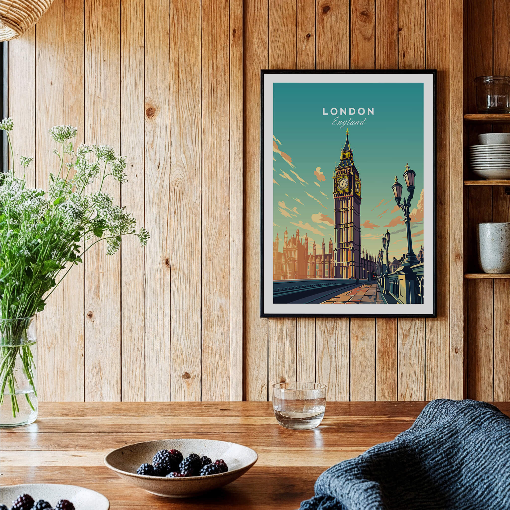 London Poster Big Ben framed on wooden wall with flowers and plates in cozy interior.