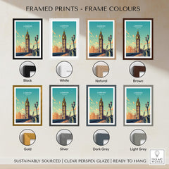 London Poster Big Ben framed print options in various colors including black, white, natural, brown, gold, silver, dark grey, and light grey.