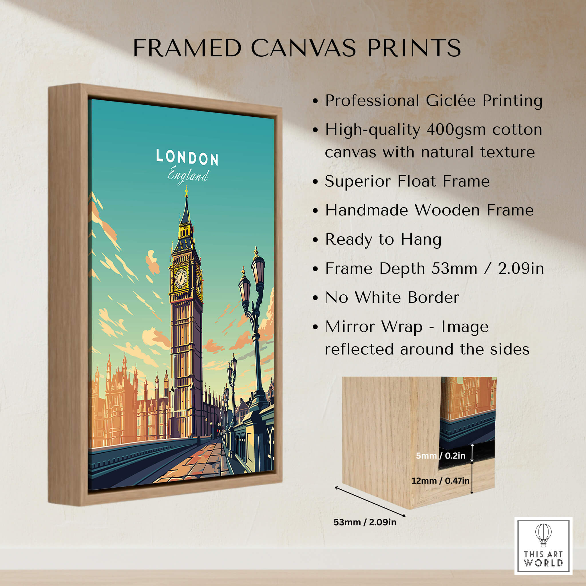 London Poster Big Ben framed canvas print showcasing Big Ben with professional Giclée printing and a natural texture.