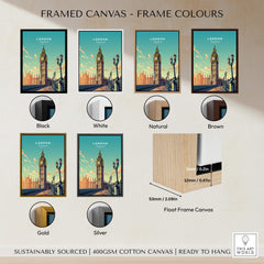 London Poster Big Ben framed options showcasing various colors including black, white, natural, brown, gold, and silver.