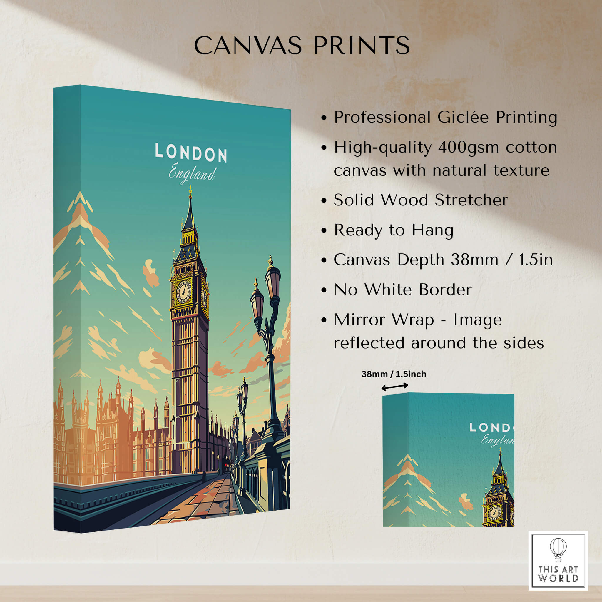 London Poster Big Ben canvas print featuring iconic Big Ben and Westminster in vibrant colors.