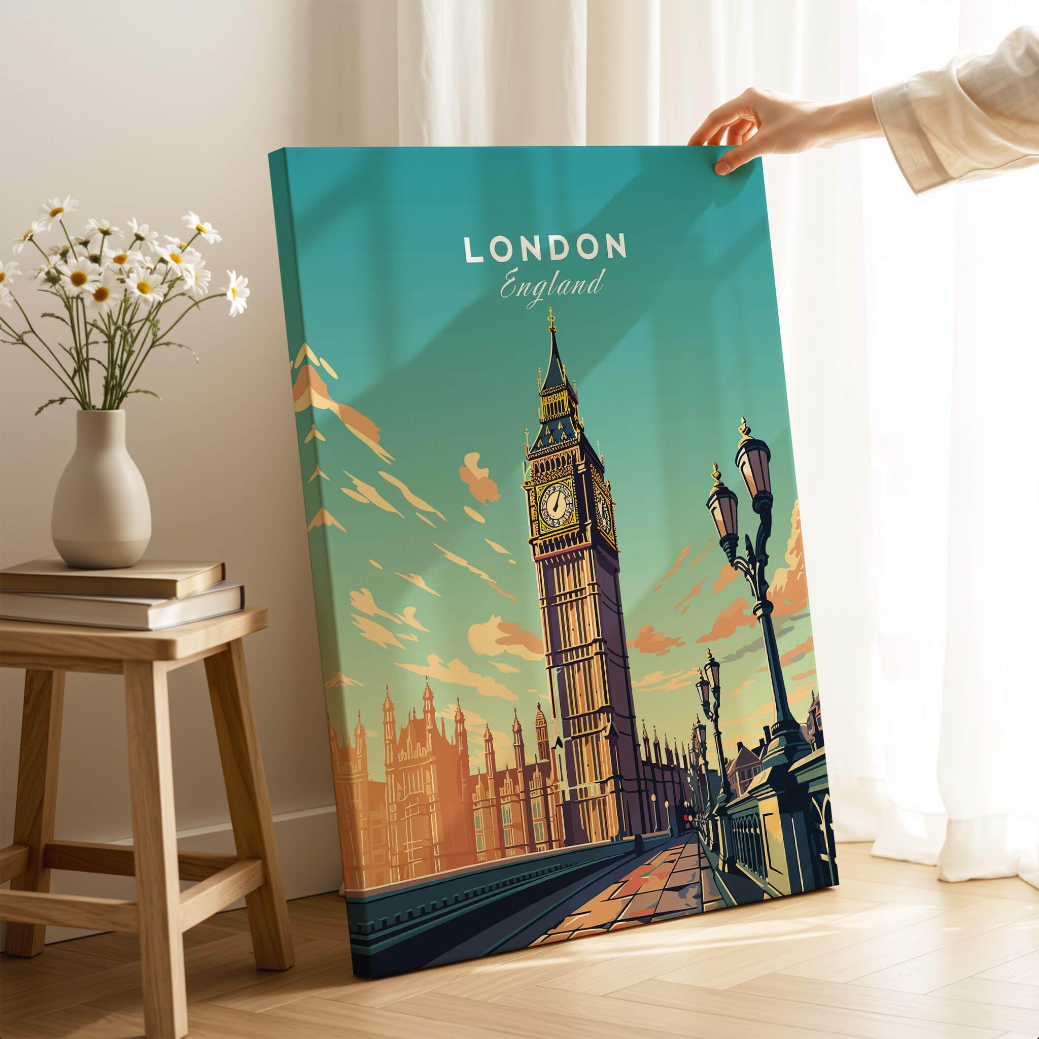 London Poster Big Ben featuring a vibrant illustration of Big Ben and Westminster in a stylish decor setting.