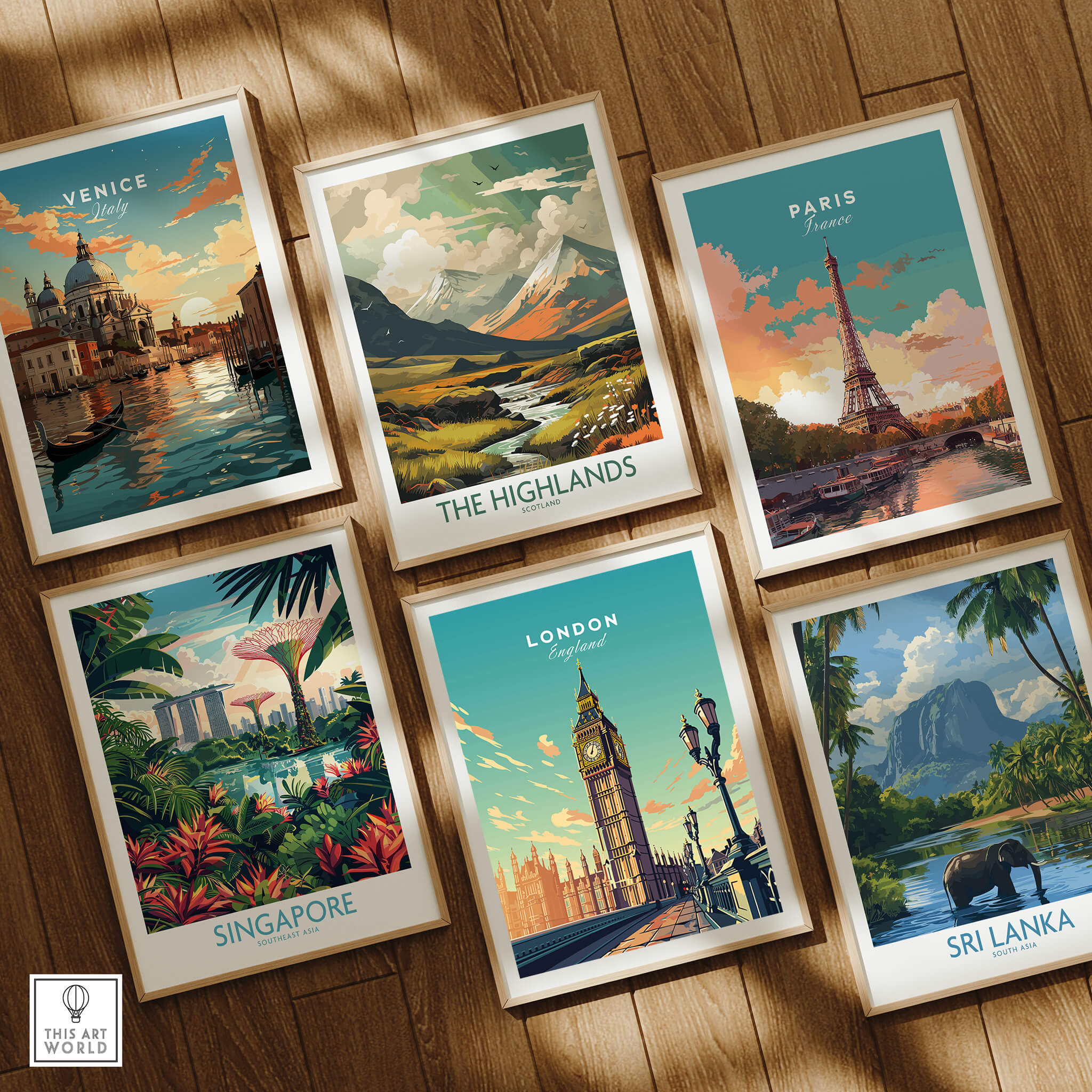 London Poster Big Ben and other travel-themed art prints displayed together.