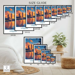 London Print | River Thames & Big Ben Wall Art size guide for various frame dimensions.