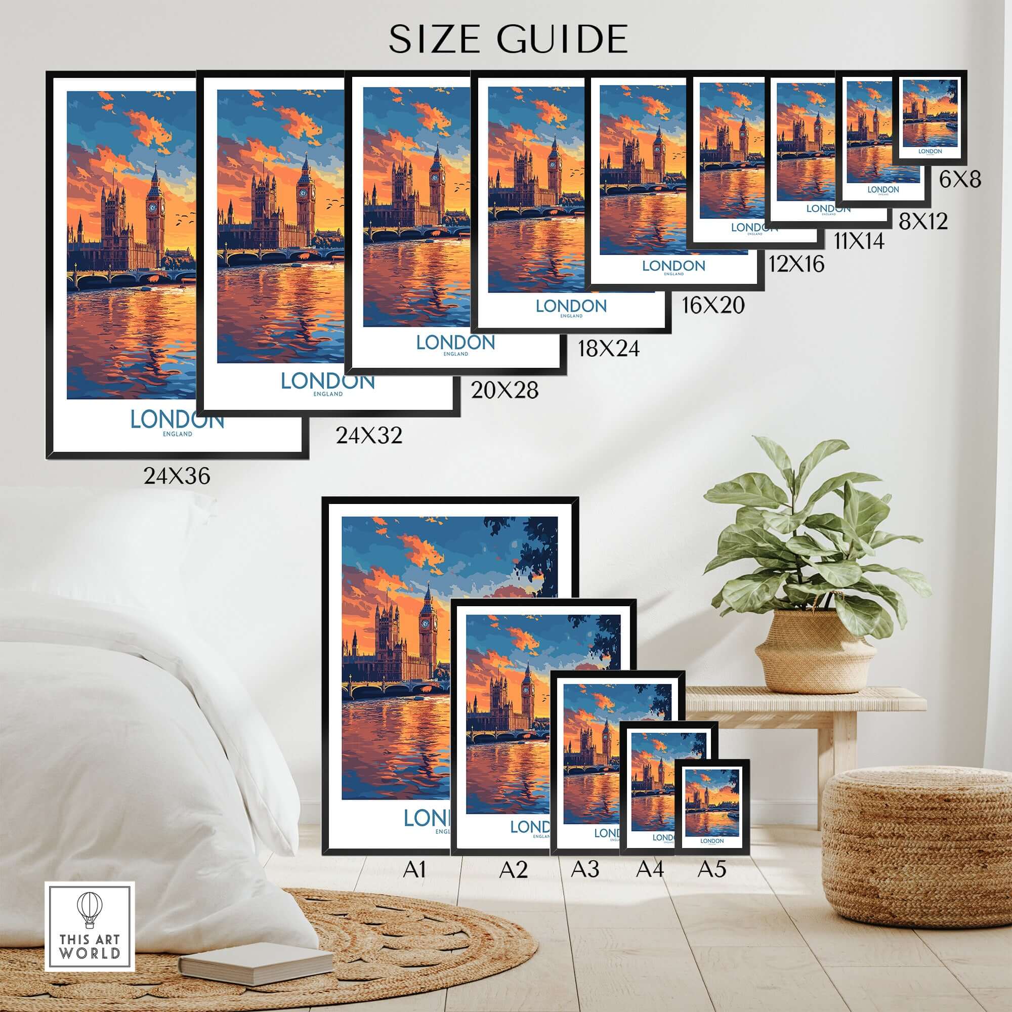 London Print | River Thames & Big Ben Wall Art size guide for various frame dimensions.