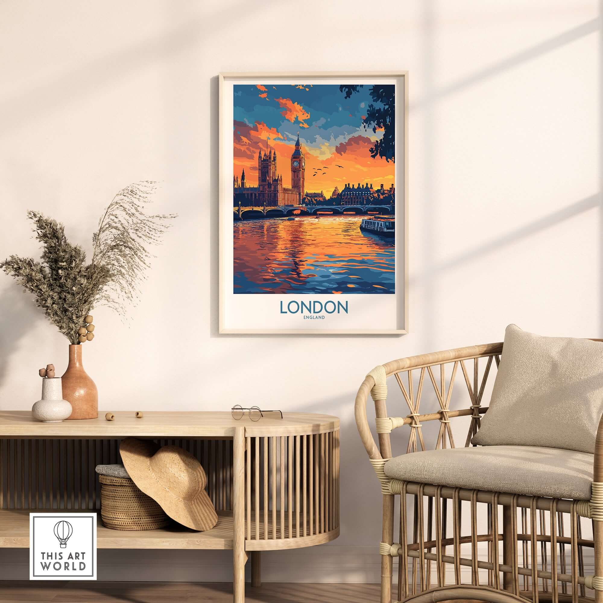 London Print | River Thames & Big Ben Wall Art, vibrant sunset over the Thames with Big Ben reflected in water.
