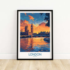 London Print | River Thames & Big Ben Wall Art showcasing sunset reflections on water.