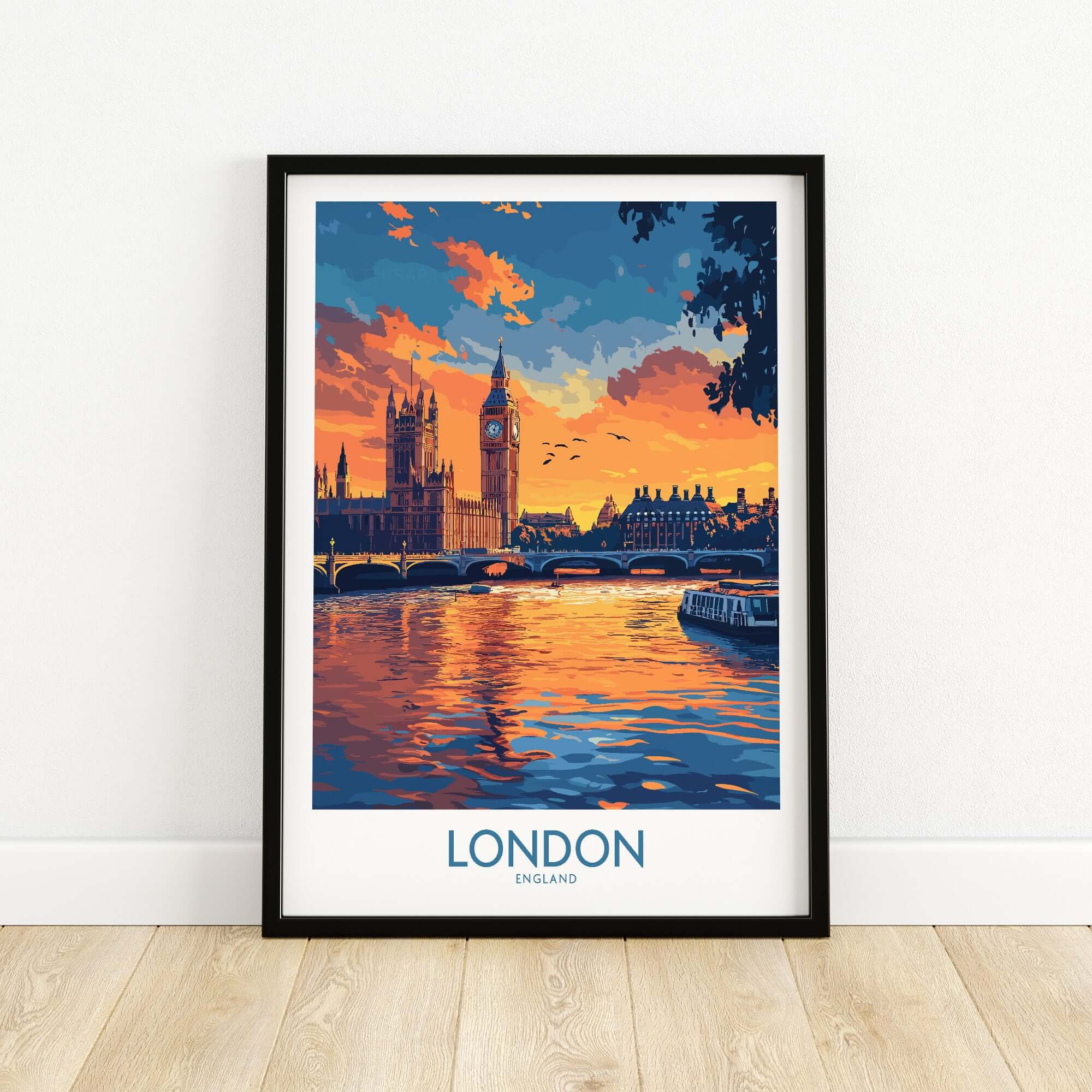 London Print | River Thames & Big Ben Wall Art showcasing sunset reflections on water.