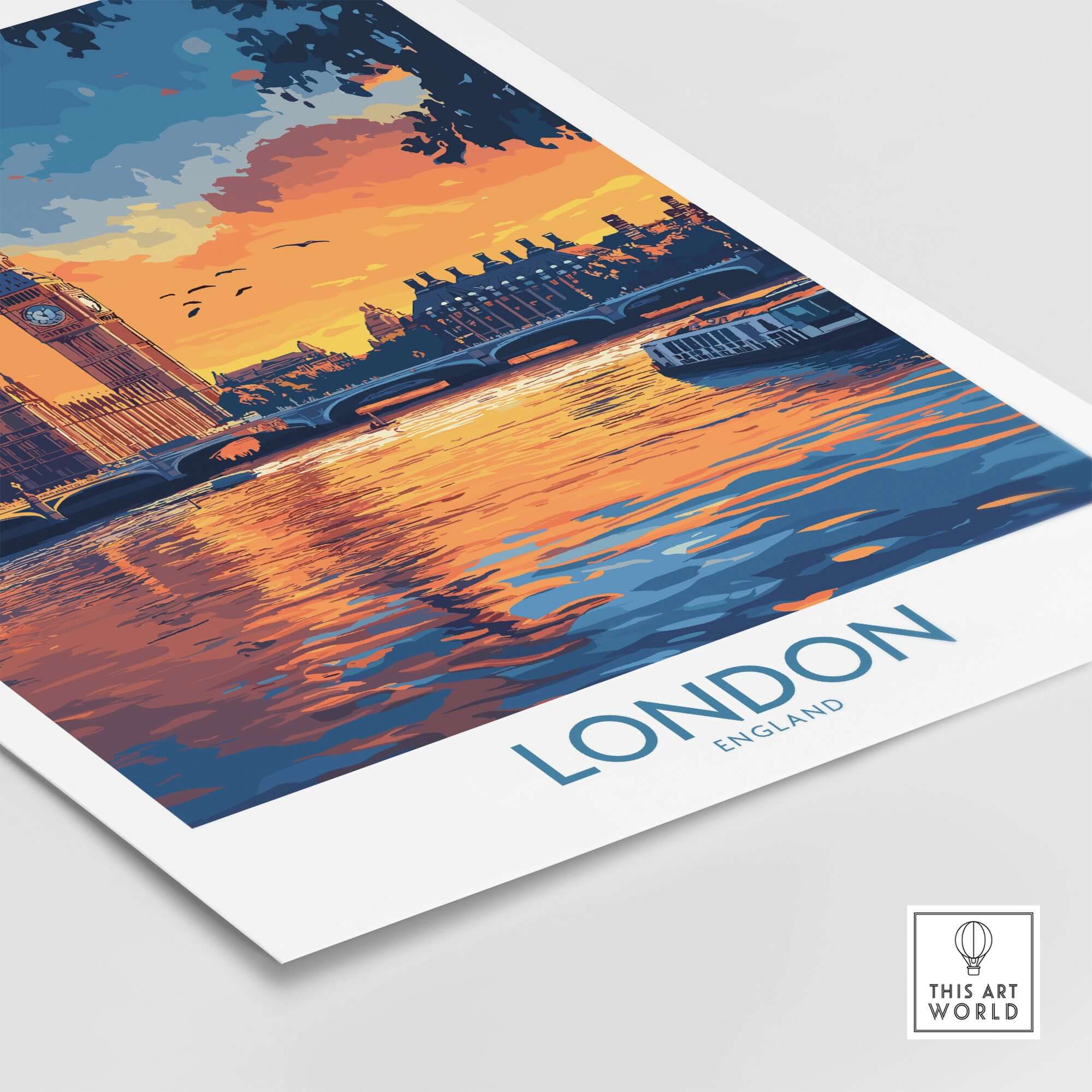 London Print | River Thames & Big Ben Wall Art featuring a sunset over the Thames with Big Ben and reflection.