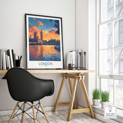 London Print | River Thames & Big Ben Wall Art framed in a stylish office setting with natural light.