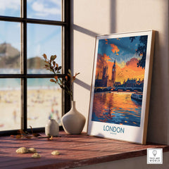 London Print | River Thames & Big Ben Wall Art displayed in a cozy interior, showcasing golden hour lighting and stunning reflections.