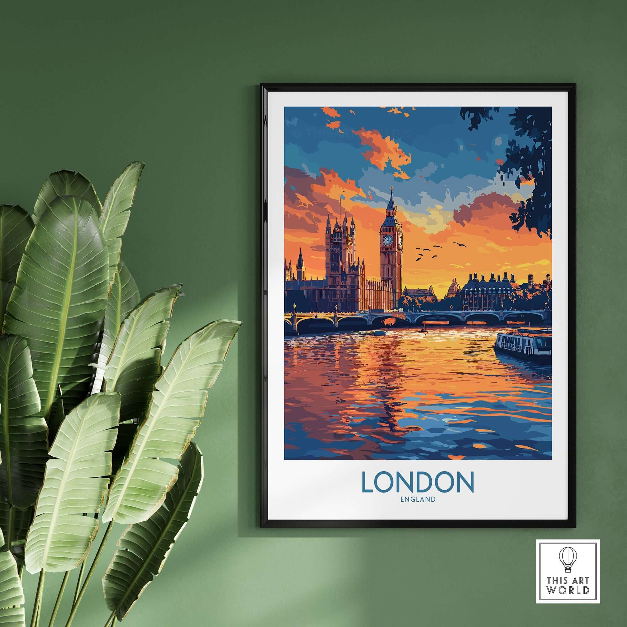 London Print | River Thames & Big Ben Wall Art featuring River Thames at sunset with Big Ben in the background.