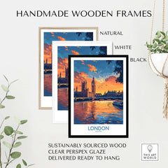 London Print | River Thames & Big Ben Wall Art featured in handmade wooden frames in natural, white, and black.