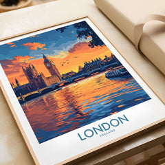 London Print | River Thames & Big Ben Wall Art featuring sunset reflections on the River Thames near Big Ben.