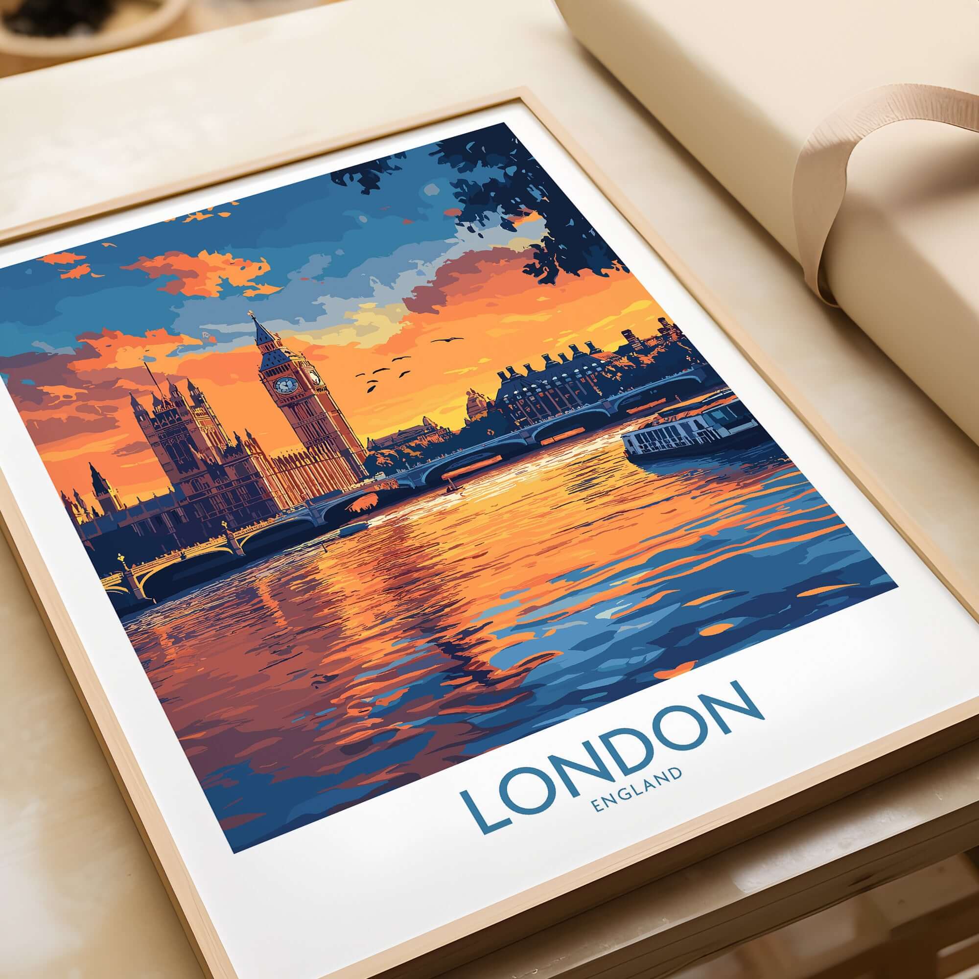 London Print | River Thames & Big Ben Wall Art featuring sunset reflections on the River Thames near Big Ben.