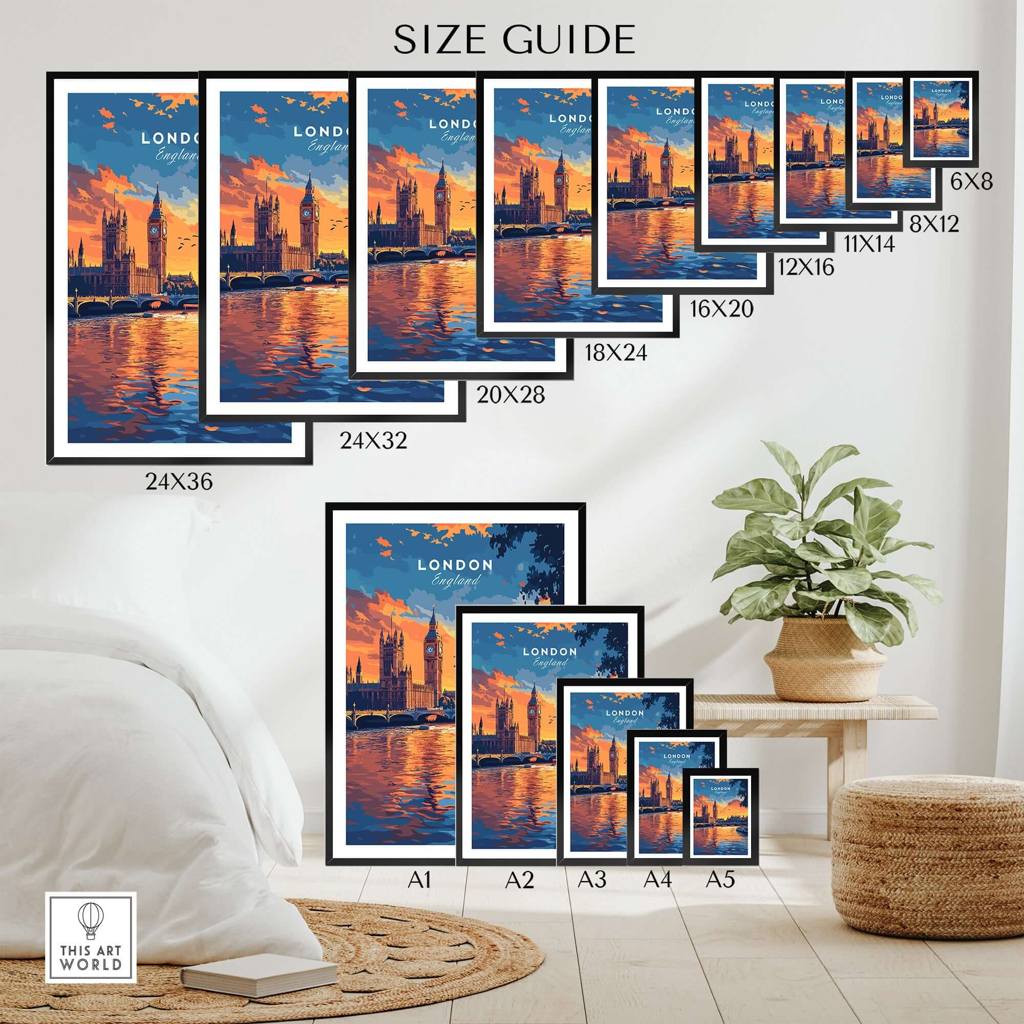 London Skyline Art | Big Ben & Houses of Parliament Print size guide with various dimensions displayed.