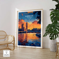 London Skyline Art | Big Ben & Houses of Parliament Print featuring vibrant sunset and Thames reflection.